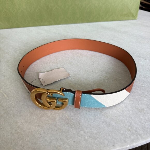 Gucci Calfskin Leather Belt Unisex GG Marmont 85cm Gold Double G 400593 - Picture 10 of 14